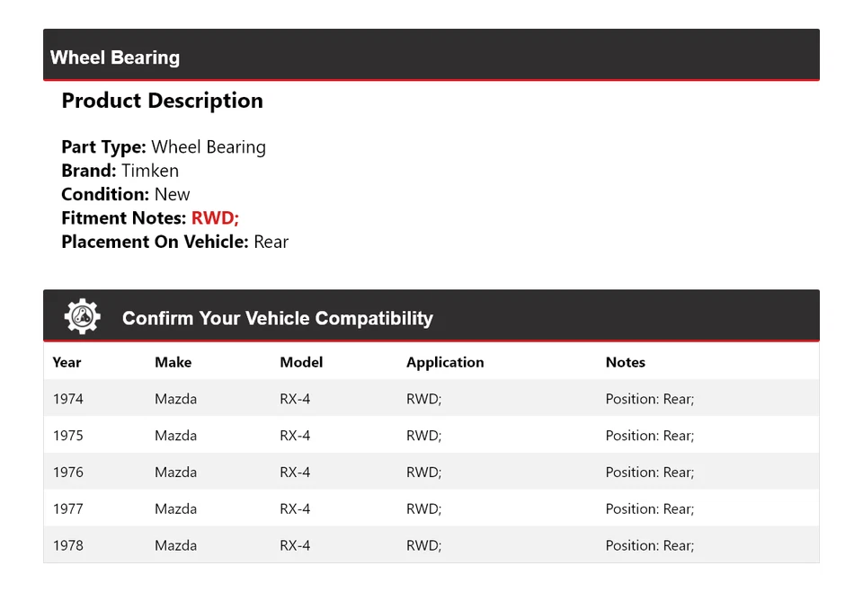 For 1974-1978 Mazda RX-4 RWD Wheel Bearing Rear Timken 1975 1976 1977 - Image 2 of 4