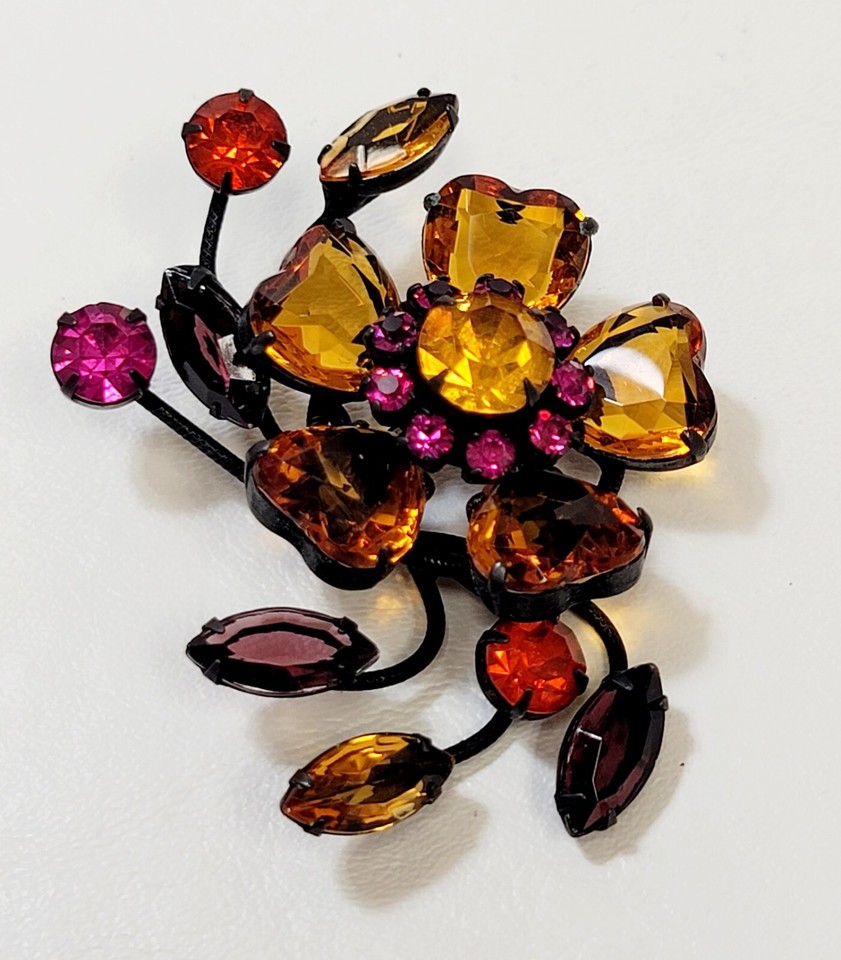 Vtg Large Black Japanned Heart Rhinestone Pink Yellow Orange Brooch eBay