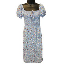 Blue Floral Print Off Shoulder Smocked Puff Sleeve Dress Sz Medium