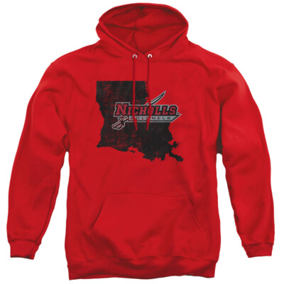 Nicholls State University Adult Pullover Hoodie State Shape, Red, S-3XL