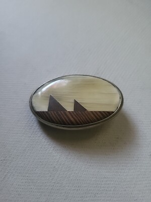 Vintage Sandcast Navajo? Belt Buckle Horn Wood Marquetry Sterling Silver 