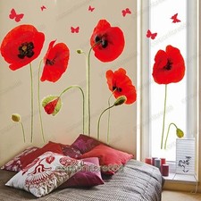 Red Poppy Flowers Butterflies Wall Stickers Art Decal Wallpaper Mural Home Decor