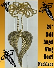 24" Gold Chain Necklace  Large 2.75" Angel Wing Heart Pendant   Long  Pretty
