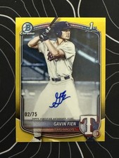 🔥Gavin Fien 2025 Bowman Draft Yellow Refractor 1st Auto #02/75 Rangers🔥