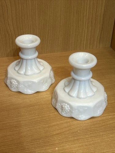 VTG Set Westmoreland White Milk Glass Grape Paneled Skirted Candle Stick Holders
