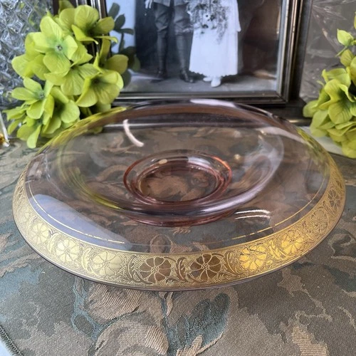 Vintage Pink Depression Glass Console Bowl - 11” - Gold Gilt - Elegant Glass