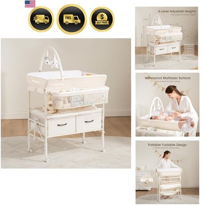 Baby Changing Table with Wheels Portable Foldable Waterproof Adjustable Height