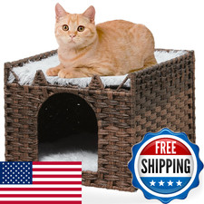 LUCKITTY Cat Bed w/ Ears - Handwoven Rattan Cat Cave House for Indoor Kittens