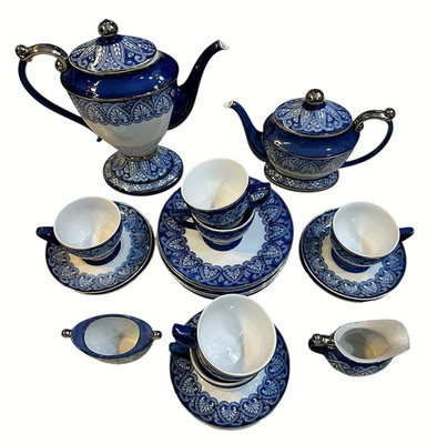 BOMBAY COMPANY ARABESQUE BLUE & WHITE TEA & COFFEE SET FOR 6 CUPS SAUCERS PLATES