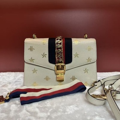 Gucci Sylvie Medium Shoulder Bag White Leather Bee Star Gold Hardware Auth