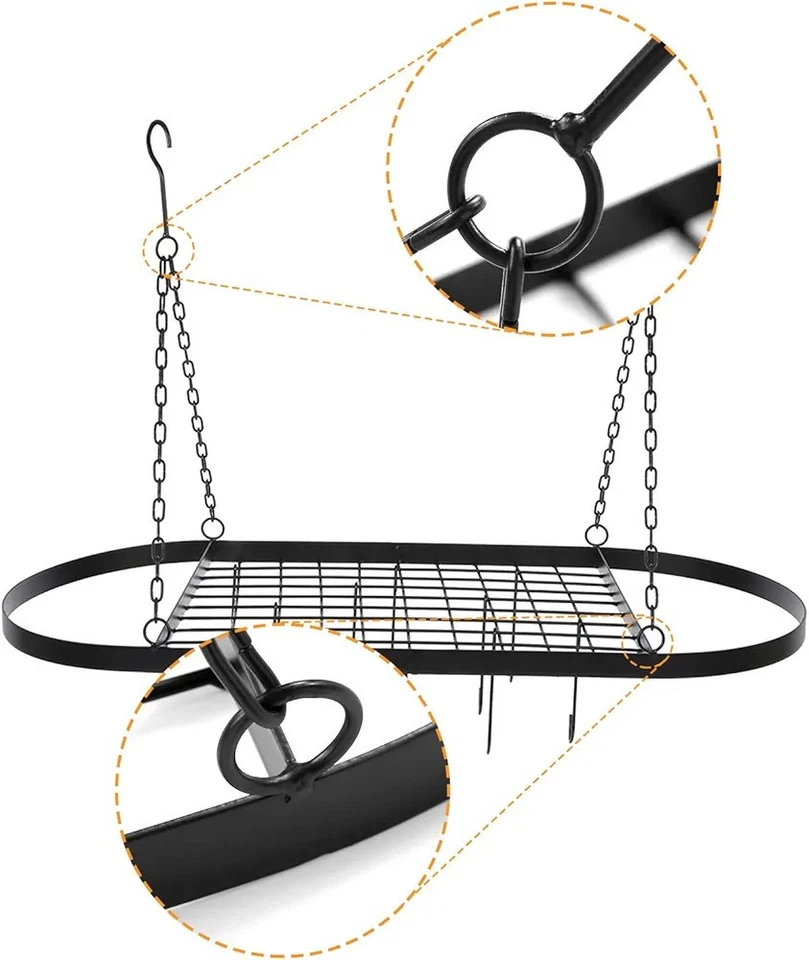 Black Ceiling Hanging Pot Pan Rack 10 Hooks Kitchen Organizer Shelf 81.5 x 42cm - Image 4 of 4