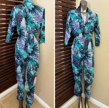 1980s 80s Vintage Green Pink Purple Leaf Print Romper w/ Pockets Shoulder Pads 6