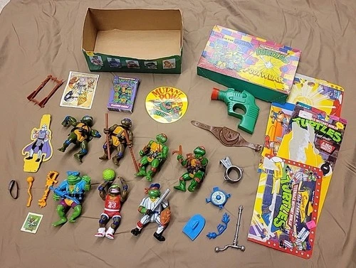 Vintage TMNT Playmates Mixed Lot Action Figures Accessories Sticker Shoe Box