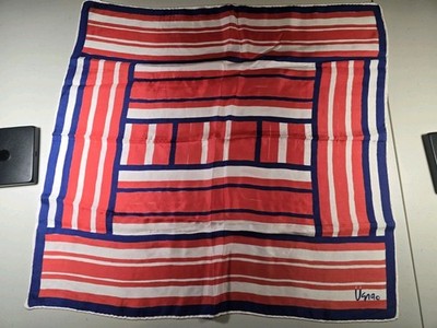 Vera Neumann Signed Scarf Silk Mix Red Blue 4th Of July Lines Art Design 22x23