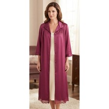 Vintage Women's Robe Housecoat Embroidered Lace Hem Pink Nylon Lounge Size M 