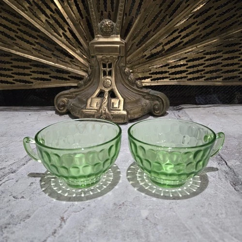 Vintage Federal Glass Green Vaseline Coffee Tea Cup Lot of 2 Cups with Handle