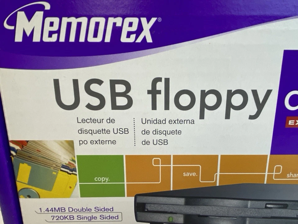 Внешний флоппи-дисковод Memorex USB 3,5 дюйма НОВЫЙ 1,44 МБ двусторонний ПК/MAC ЗАПЕЧАТАННЫЙ!!! - Изображение 3 из 4