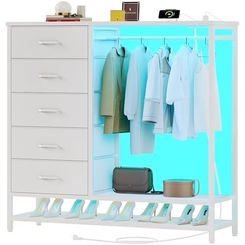 Dresser for Bedroom, Dresser with Hanging Rack Led Lights and Charging White - Picture 1 of 7