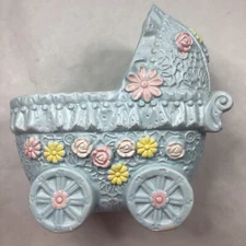 Vintage Blue Baby Buggy Carriage Painted Floral Planter USED