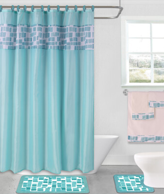 1 SHOWER CURTAIN FABRIC HOOKS  BATHROOM SET BATH MATS COMPLETE SET 2 STYLE 