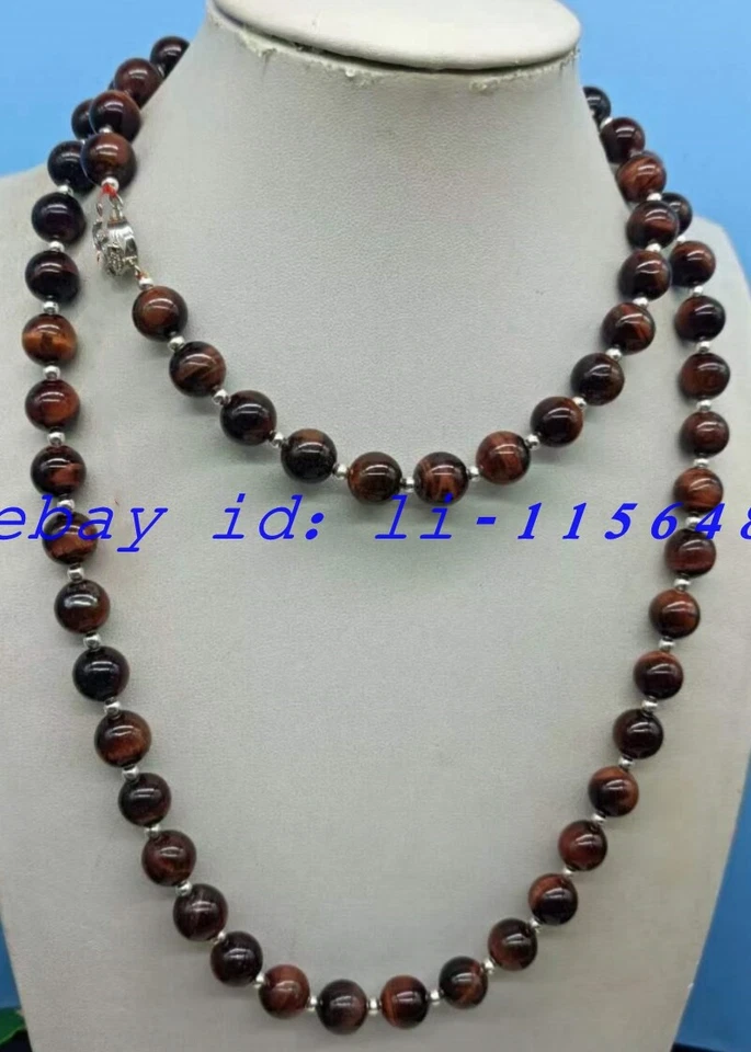 Collar de cuentas de piedras preciosas redondas ojo de tigre rojo de 8/10 mm 28" regalo unisex hombres mujeres Foto 2 de 4