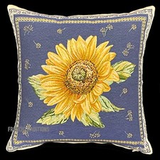 French Pillow Cover Jacquard Woven Sunflowers Blue Made In France