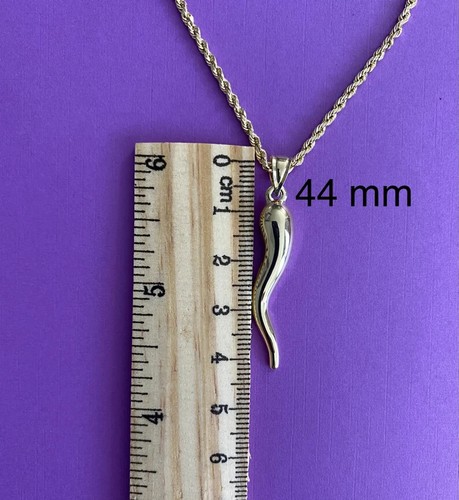 10K Real Gold Italian Cornicello Pendant Necklace- 2.2 mm Rope- 1.7" Horn -K6388 - Picture 8 of 17