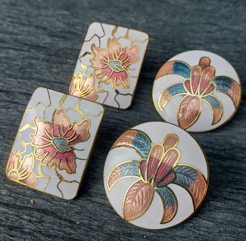 1 Pr Cloisonne Enamel Pierced White Floral Earrings Your Choice of 1