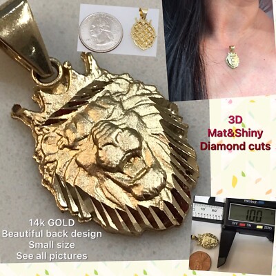 Gold 14k Löwenkopf Krone König Anhänger Diamantschliff Halskette massiv zierlich klein 1''