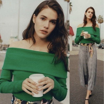 Anthropologie ett:twa cecily off the shoulder green sweater size extra small