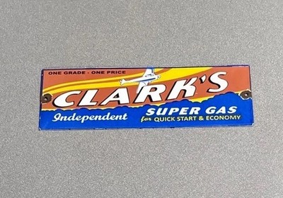 VINTAGE 12  CLARKS SUPER GASOLINE PORCELAIN SIGN CAR OIL GAS MOTORCYCLE TRUCK