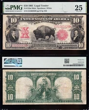 VERY NICE Bold & Crisp VF+ 1901 $10 "BISON" US Legal Tender Note! PMG 25! 65828