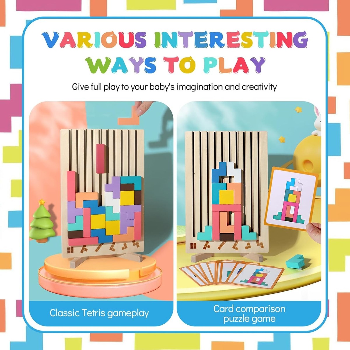 Puzzle In Legno Tetris 3D Per Bambini, Con 10 Carte Modello, Gioco Educativo Montessori, Regalo Per Bambini 3+ Anni