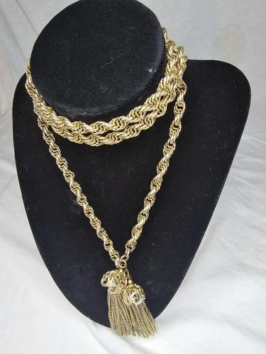 Vintage Monet Designer Jewelry Ornate Gold Tone Double Tassel Necklace Art Deco