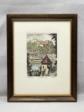 Vintage Hand Colored Etching Of Salzburg On Paper Castle