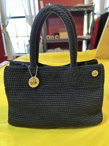 The Sak Black Crochet Top Handle Handbag Purse Medium Woven Knit Shoulder Bag - Picture 3 of 12