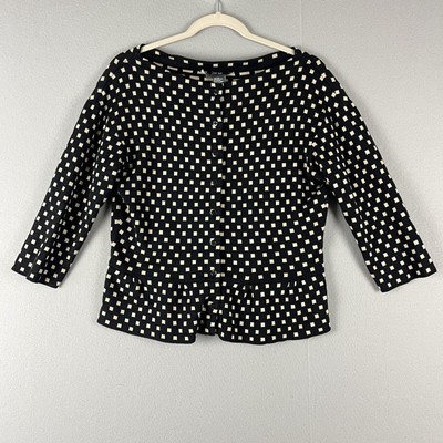 Per Se Silk Blend Peplum Cardigan Womens Large Black Geometric Crop Boat Neck