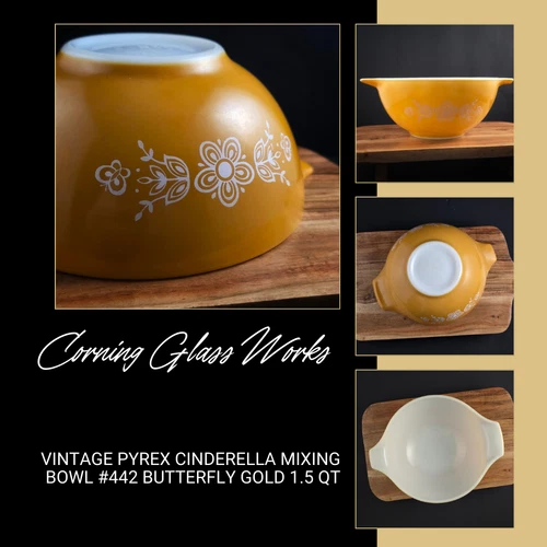 Vintage Pyrex 442 Cinderella Mixing Bowl 1.5 Qt Butterfly Gold White