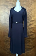 TAHARI ASL Long Sleeve Pleated Suit Dress Womens 14 Navy Blue Belted Career EUC