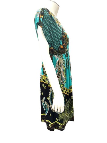 5th Love Large Turquoise Lime Green Black Printed Boho Dress Summer Vacation - Picture 6 of 13