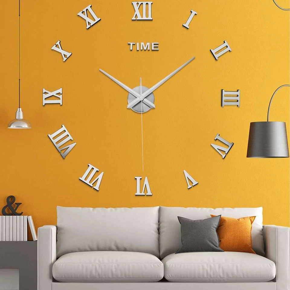 Mirror Surface Large Modern Wall Clock 3D DIY Roman Number Sticker Decor Clock - Image 2 of 4