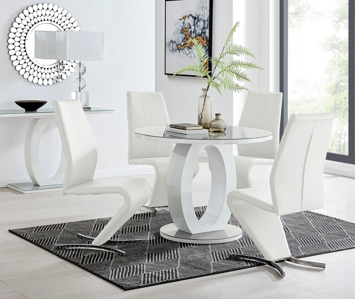 GIOVANI Round White Gloss and Grey Glass Table and 4 Faux Leather