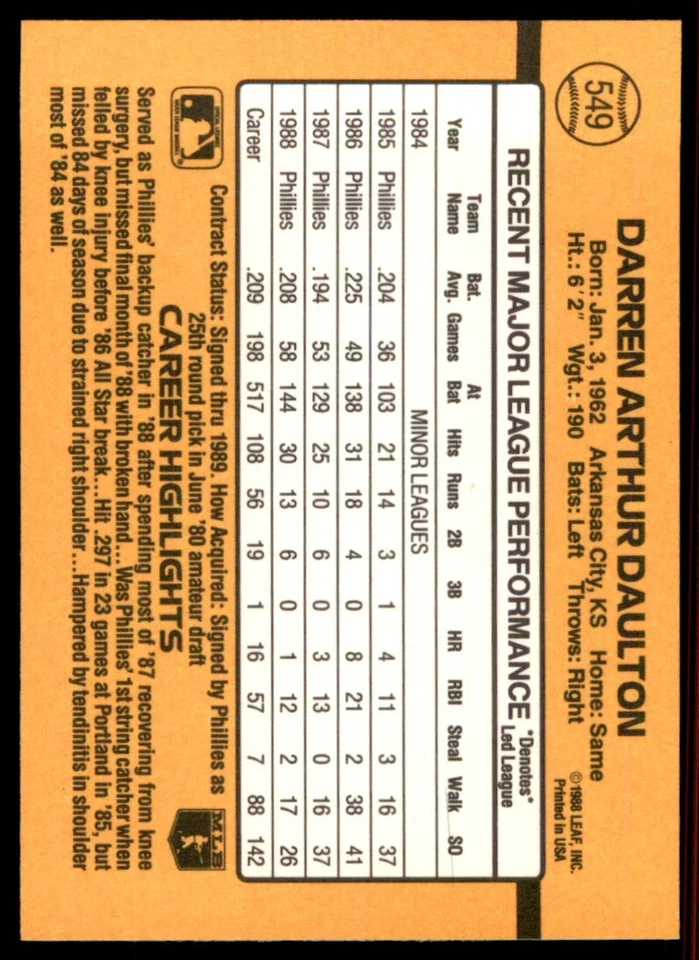 1989 Donruss Darren Daulton Philadelphia Phillies #549 - Image 2 of 2