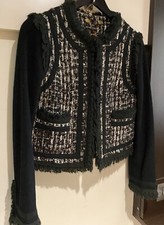 Tory Burch Wool Tweed Pattern Short Jacket Blazer Size 8 Collarless Black