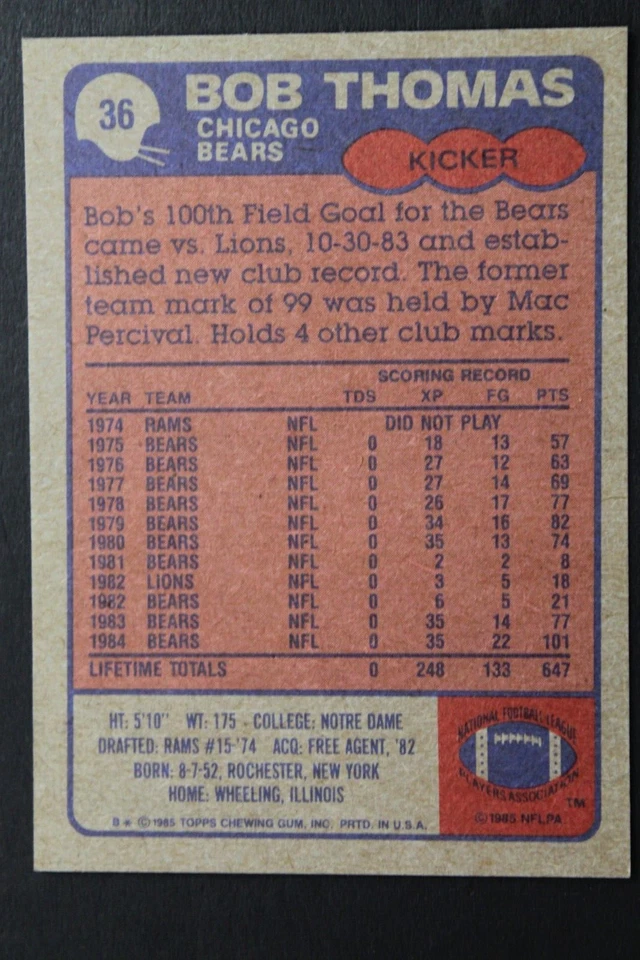 Bob Thomas Chicago Bears Notre Dame Autographed Signed 1985 Topps Card #36 - Image 2 of 3