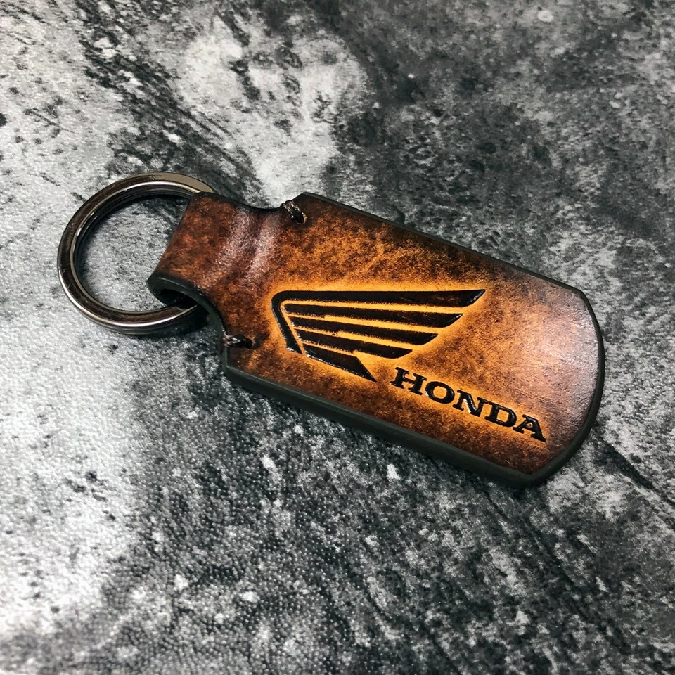 Handmade leather keychain with Honda Wing logo in Brown. 1EA - Image 3 of 4