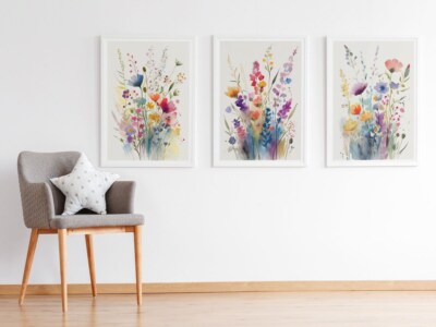 Set of 3 Watercolour Flowers Prints, Wildflower  Posters Wall Art Pictures 