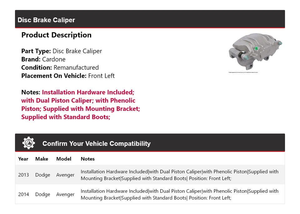 Pinza de freno de disco delantera izquierda Cardone para Dodge Avenger 2013-2014 Foto 2 de 4