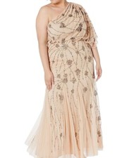 Adrianna Papell Beaded Sequin Gown 22W Nude One Shoulder Wedding Formal Cocktail