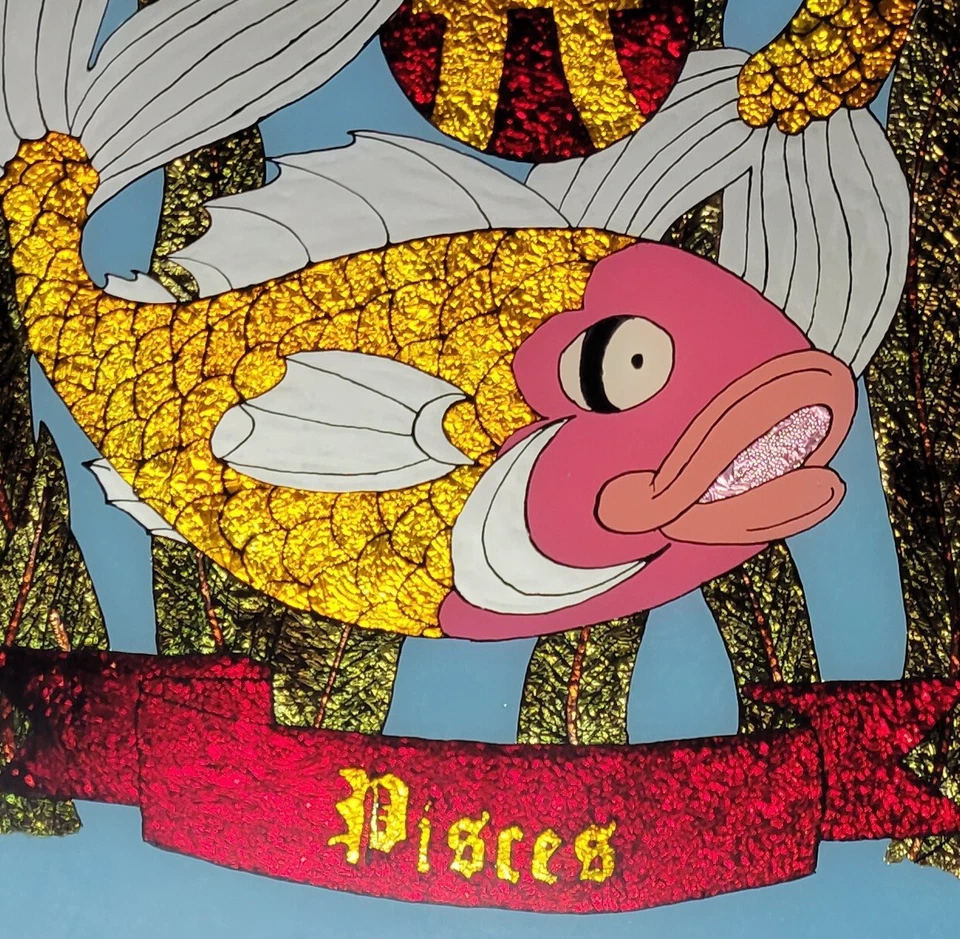 Pintura en papel aluminio Piscis 1975 vintage enmarcada astrología zodiaco firmada Ática 17 X 21 Foto 4 de 4